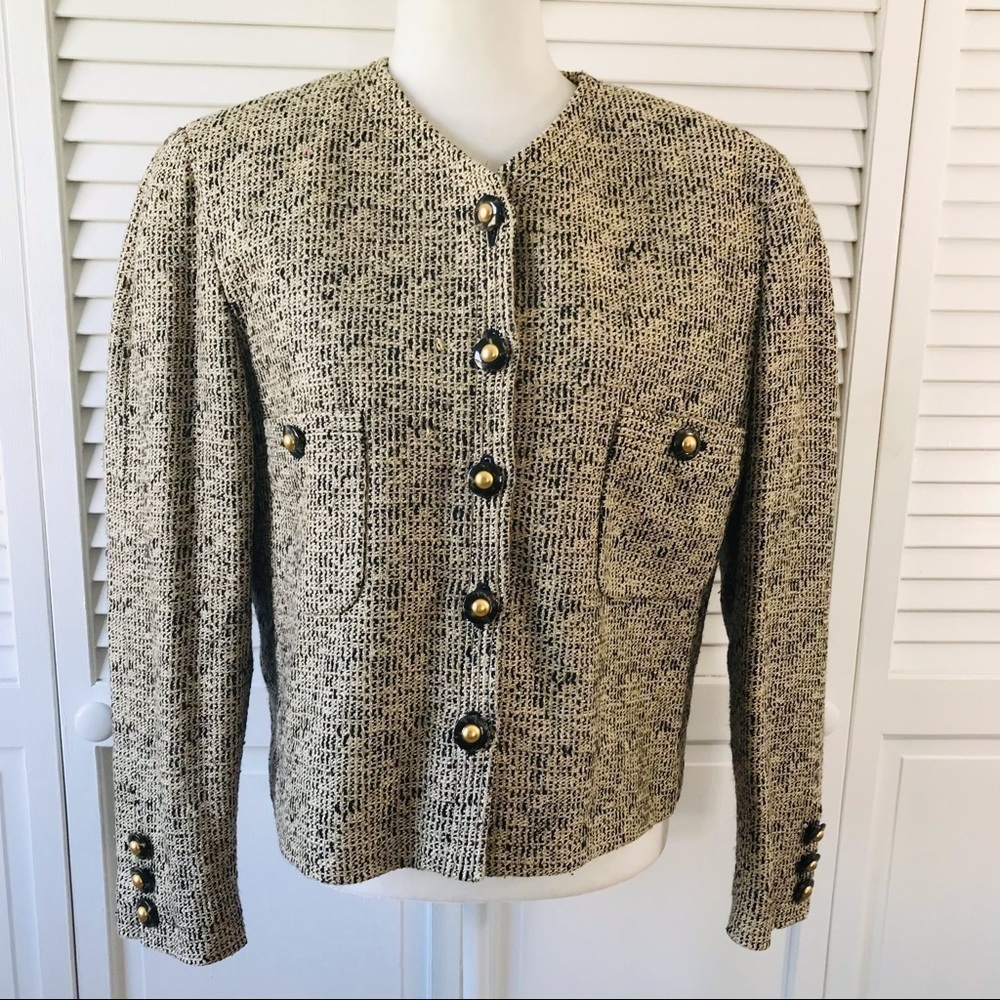CARLISLE Beige Black Tweed Silk Blend Blazer Size 14